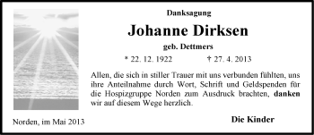 Traueranzeige von Johanne Dirksen von Ostfriesischer Kurier