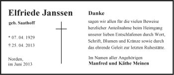Traueranzeige von Elfriede Janssen von Ostfriesischer Kurier