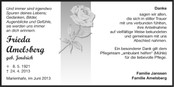 Traueranzeige von Frieda Amelsberg von Ostfriesischer Kurier