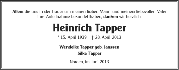 Traueranzeige von Heinrich Tapper von Ostfriesischer Kurier