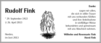 Traueranzeige von Rudolf Fink von Ostfriesischer Kurier