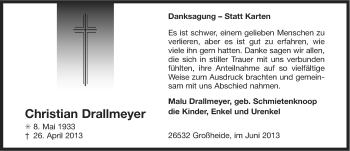 Traueranzeige von Christian Drallmeyer von Ostfriesischer Kurier