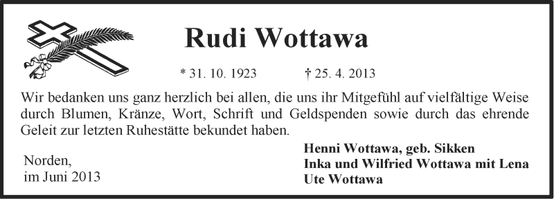  Traueranzeige für Rudi Wottawa vom 01.06.2013 aus Ostfriesischer Kurier