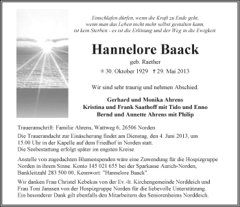 Traueranzeige von Hannelore Baack von Ostfriesischer Kurier