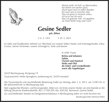 Traueranzeige von Gesine Sedler von Ostfriesischer Kurier