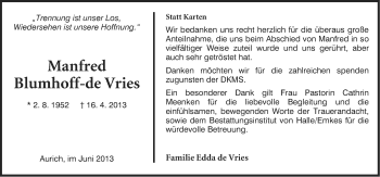 Traueranzeige von Manfred Blumhoff-de Vries von Ostfriesischer Kurier