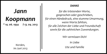 Traueranzeige von Jann Koopmann von Ostfriesischer Kurier