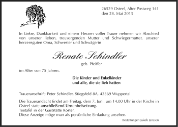 Traueranzeige von Renate Schindler von Ostfriesischer Kurier