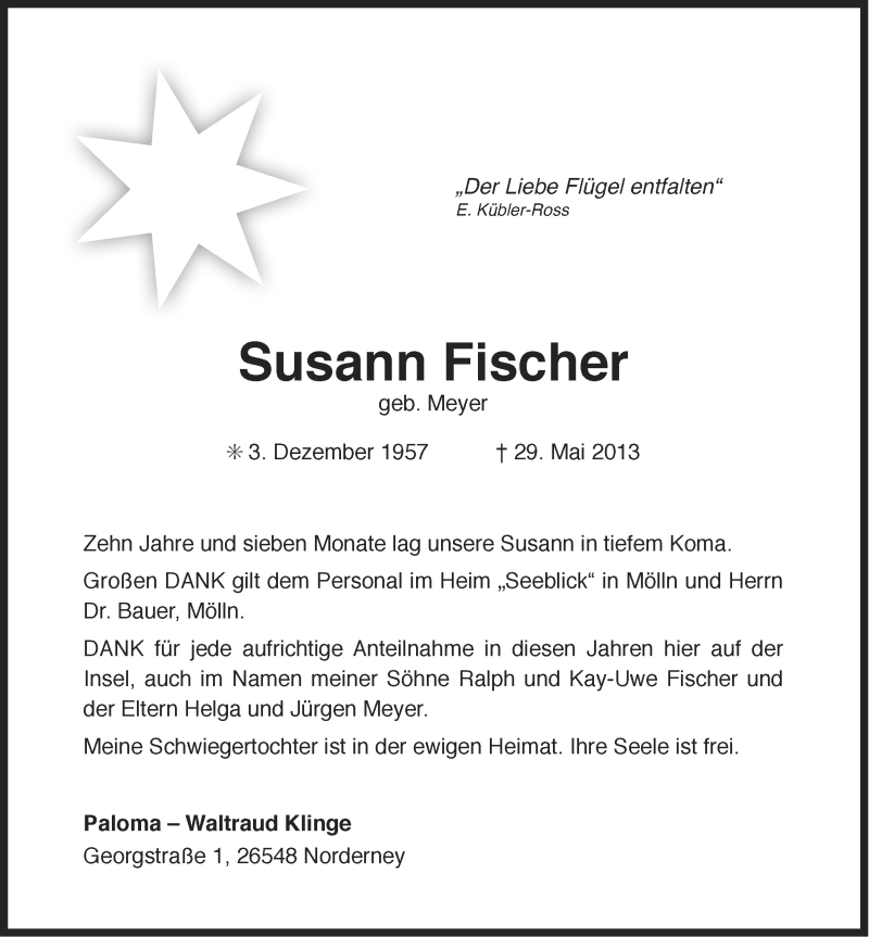  Traueranzeige für Susann Fischer vom 01.06.2013 aus Ostfriesischer Kurier