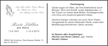 Traueranzeige von Rixte Lübben von Ostfriesischer Kurier