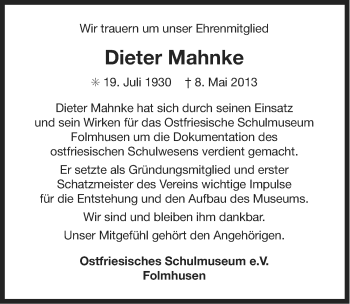 Traueranzeige von Dieter Mahnke von Ostfriesischer Kurier
