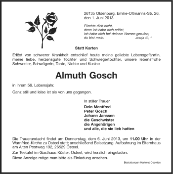 Traueranzeige von Almuth Gosch von Ostfriesischer Kurier