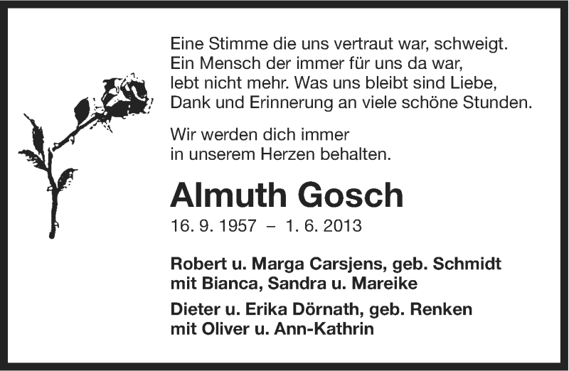  Traueranzeige für Almuth Gosch vom 04.06.2013 aus Ostfriesischer Kurier