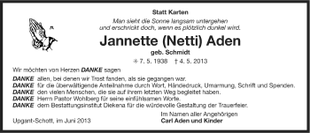 Traueranzeige von Jannette Aden von Ostfriesischer Kurier
