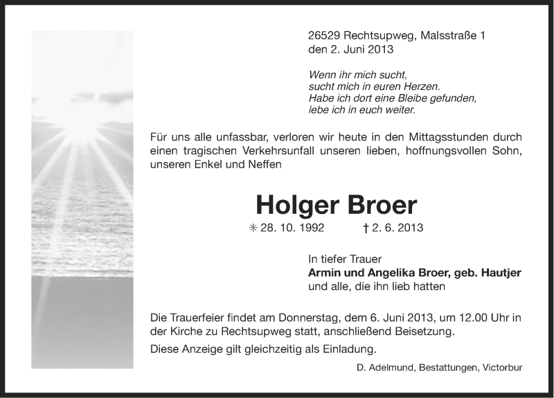  Traueranzeige für Holger Broer vom 04.06.2013 aus Ostfriesischer Kurier