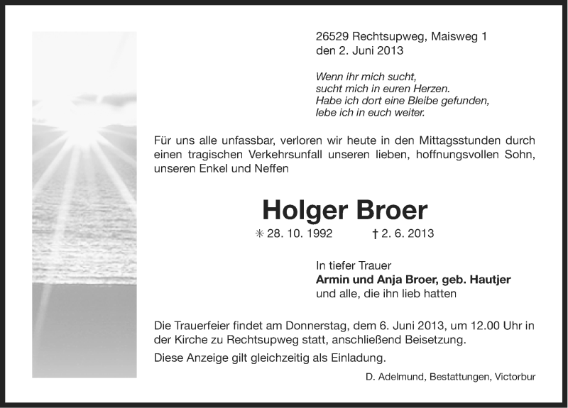  Traueranzeige für Holger Broer vom 05.06.2013 aus Ostfriesischer Kurier
