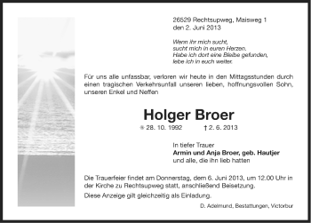 Traueranzeige von Holger Broer von Ostfriesischer Kurier