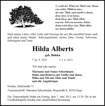 Traueranzeige von Hilda Alberts von Ostfriesischer Kurier