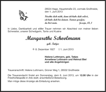 Traueranzeige von Margarethe Schoolmann von Ostfriesischer Kurier
