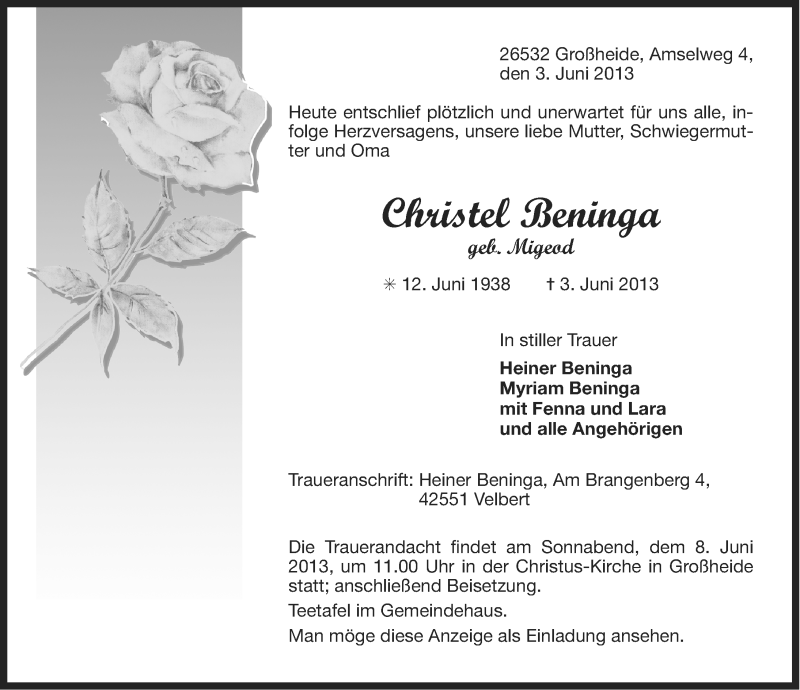  Traueranzeige für Christel Beninga vom 05.06.2013 aus Ostfriesischer Kurier