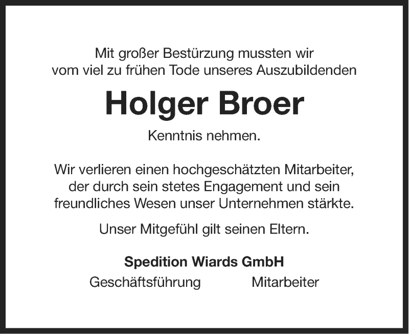  Traueranzeige für Holger Broer vom 06.06.2013 aus Ostfriesischer Kurier