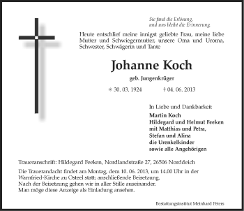 Traueranzeige von Johanne Koch von Ostfriesischer Kurier
