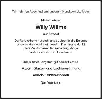 Traueranzeige von Willy Willms von Ostfriesischer Kurier