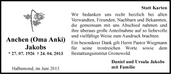 Traueranzeige von Anchen Jakobs von Ostfriesischer Kurier
