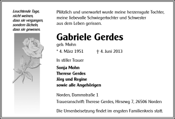 Traueranzeige von Gabriele Gerdes von Ostfriesischer Kurier