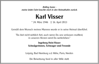 Traueranzeige von Karl Visser von Ostfriesischer Kurier