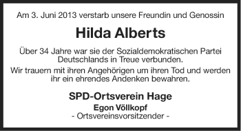 Traueranzeige von Hilda Alberts von Ostfriesischer Kurier