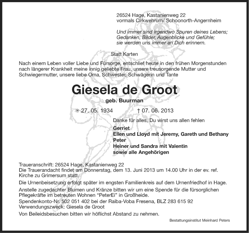  Traueranzeige für Giesela de Groot vom 08.06.2013 aus Ostfriesischer Kurier