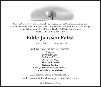 Traueranzeige von Edde Janssen Pabst von Ostfriesischer Kurier