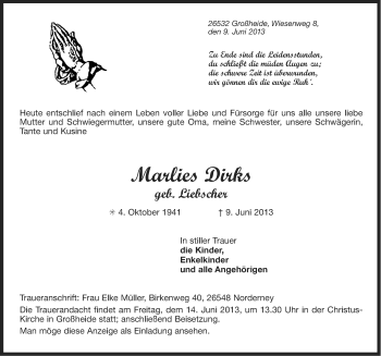 Traueranzeige von Marlies Dirks von Ostfriesischer Kurier