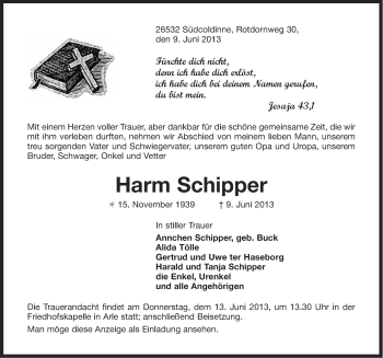 Traueranzeige von Harm Schipper von Ostfriesischer Kurier
