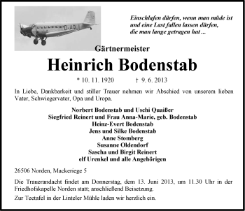Traueranzeige von Heinrich Bodenstab von Ostfriesischer Kurier