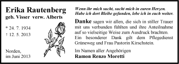 Traueranzeige von Erika Rautenberg von Ostfriesischer Kurier