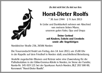 Traueranzeige von Horst-Dieter Roolfs von Ostfriesischer Kurier