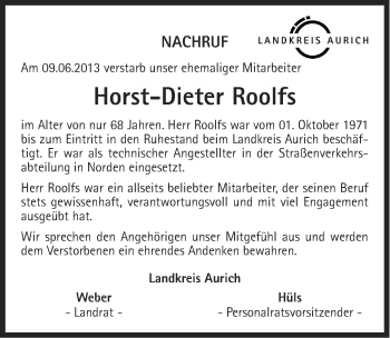 Traueranzeige von Horst-Dieter Roolfs von Ostfriesischer Kurier