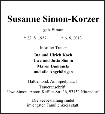 Traueranzeige von Susanne Simon-Korzer von Ostfriesischer Kurier