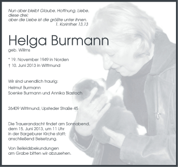 Traueranzeige von Helga Burmann von Ostfriesischer Kurier
