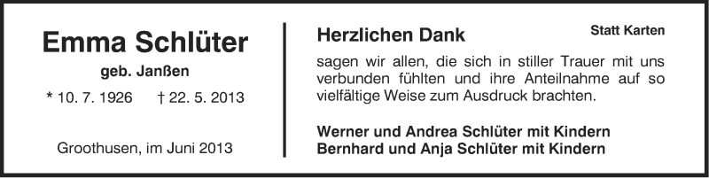  Traueranzeige für Emma Schlüter vom 15.06.2013 aus Ostfriesischer Kurier