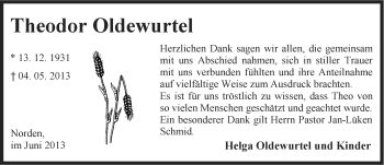 Traueranzeige von Theodor Oldewurtel von Ostfriesischer Kurier