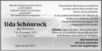 Traueranzeige von Uda Schönrock von Ostfriesischer Kurier