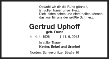 Traueranzeige von Gertrud Uphoff von Ostfriesischer Kurier