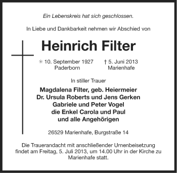 Traueranzeige von Heinrich Filter von Ostfriesischer Kurier