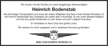 Traueranzeige von Heinrich Bodenstab von Ostfriesischer Kurier