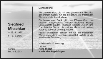 Traueranzeige von Siegfried Mitschker von Ostfriesischer Kurier