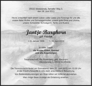 Traueranzeige von Jantje Barghorn von Ostfriesischer Kurier