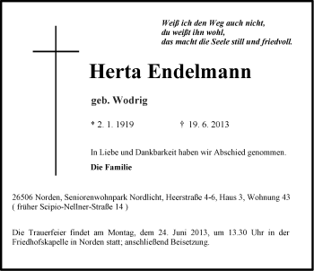 Traueranzeige von Herta Endelmann von Ostfriesischer Kurier